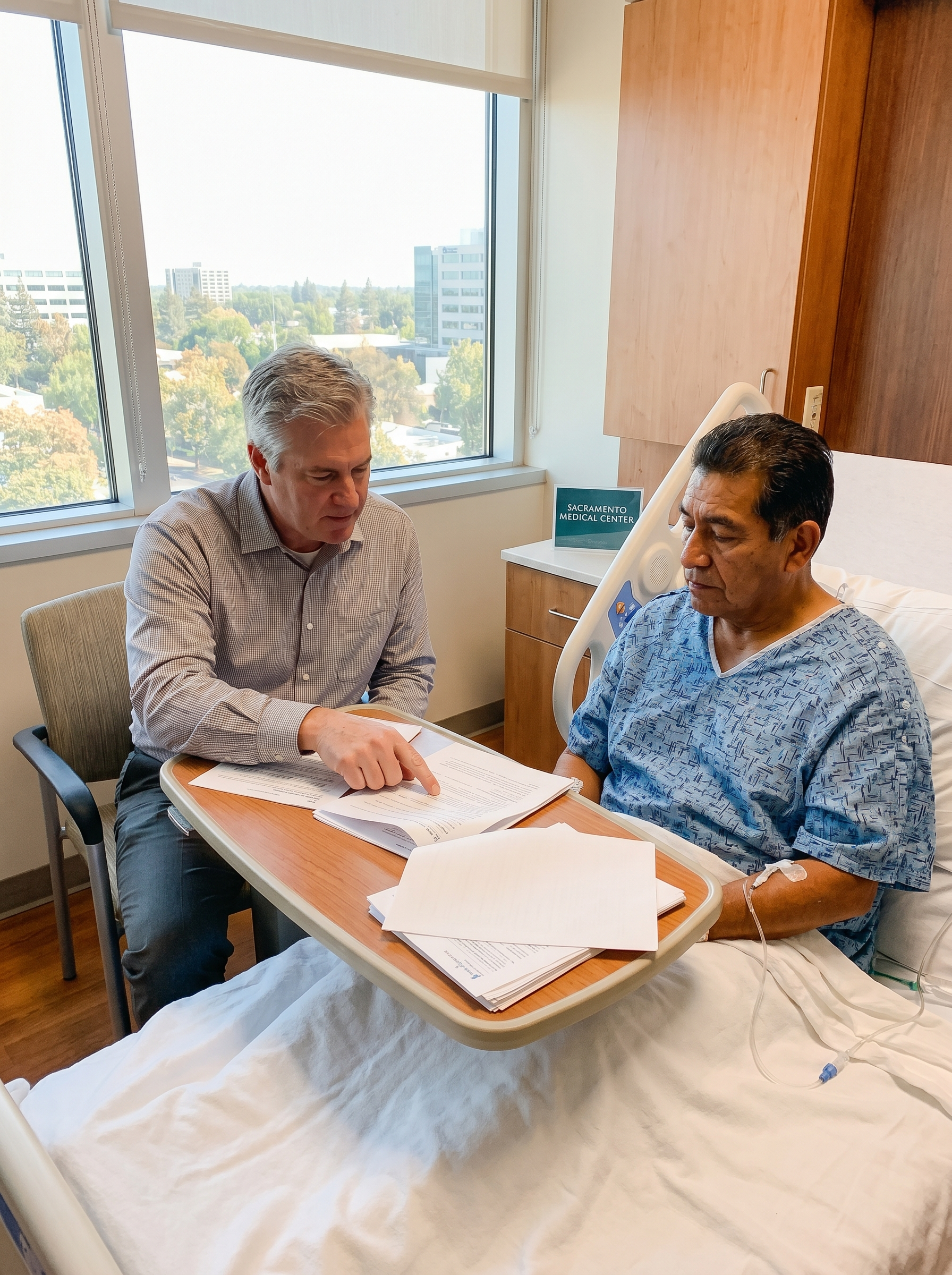 Mobile notary providing bedside notary services at Sutter Medical Center Sacramento